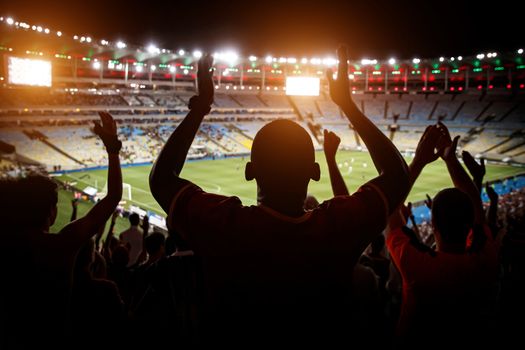 Football fans support team on crowded soccer stadium