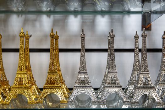 Gift shop in Paris. Small copies of the Eiffel tower