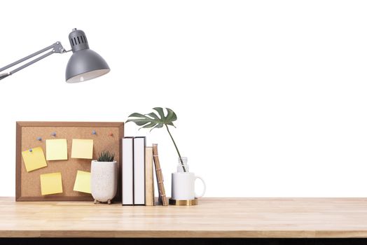 Empty wooden desk space over white background. Product display