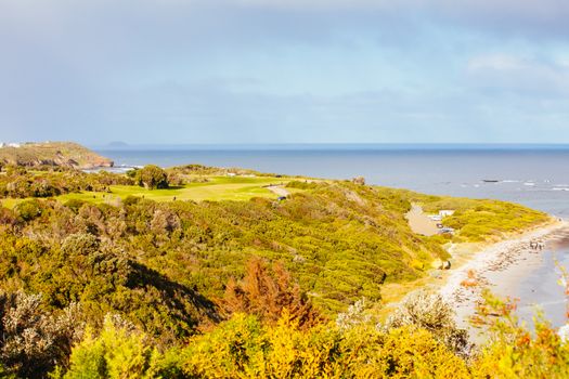 Flinders Golf Course and coastline in the Mornington Peninsula on a winter's afternoon in Victoria, Australia