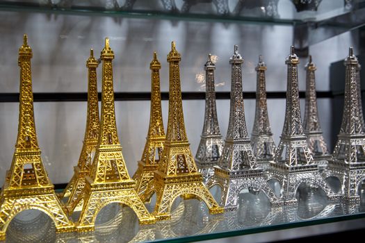 Row of mini Eiffel towers. Souvenir from Paris, France