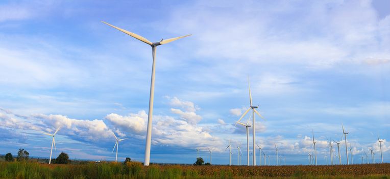 Wind turbine farm Panoramic view in Nakhon Ratchasima, Thailand.