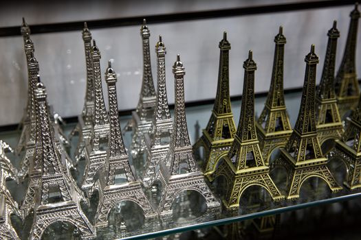 Gift shop in Paris. Small copies of the Eiffel tower