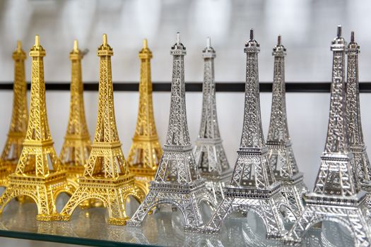 Row of mini Eiffel towers. Souvenir from Paris, France