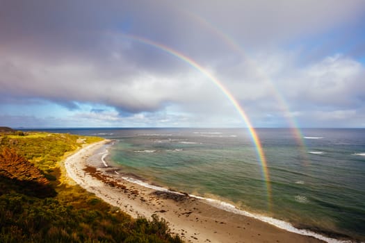 Flinders Ocean Beach looking east in the Mornington Peninsula on a winter's afternoon in Victoria, Australia