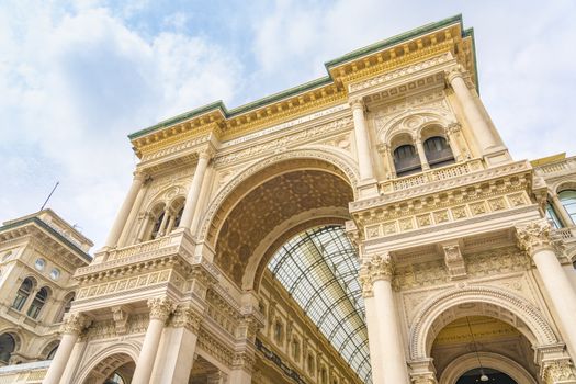 Entrance to Galleria Vittorio Emanuele II in Milan city center in Italy.