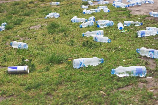 BELGRADE , SERBIA, April 22 2017 - Marathon aftermath: Plastic bottles of water thrown away