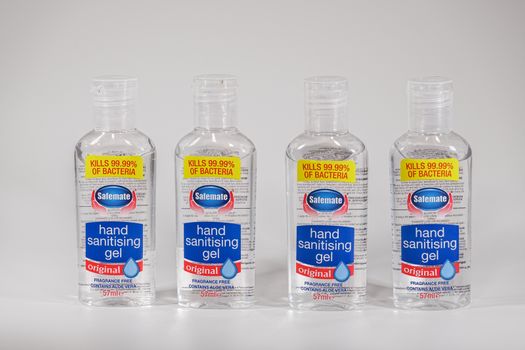 Bottles of Safemate liquid, used as a hand disinfectant to kill bacteria.