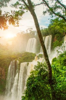 Iguazu Falls, New 7 Wonder of the world - Argentina. Long Exposure effect with smooth of Waterfalls and Sky. UNESCO World Heritage site.