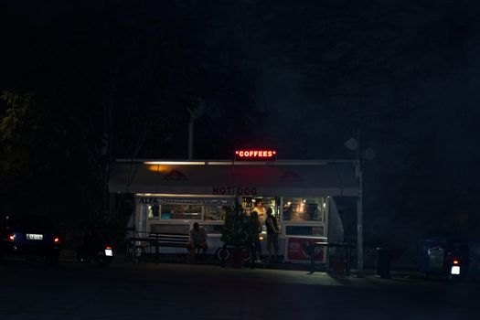 ATHENS, GREECE - JULY 07, 2017: View at small kiosk at parking of Likavitos open theater at Likavitos hill, Athens, Greece, at night