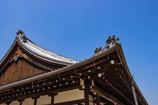 KYOTO, JAPAN - MARCH 13, 2018: Details Of Traditional Wooden Japanese Temple Roof In area Buddhist temple and Park is identity In Kyoto, Japan.