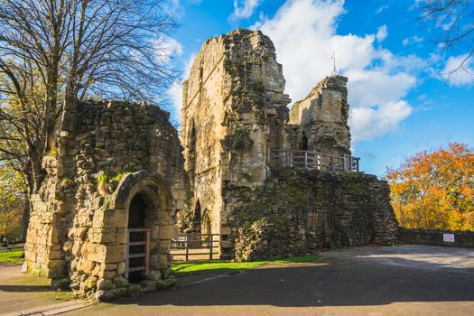 An old stone built castle ruin in Knaresborugh, North Yorkshire, England