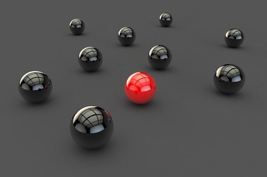3D image of one glossy red ball, a stranger among many black balls on a gray surface