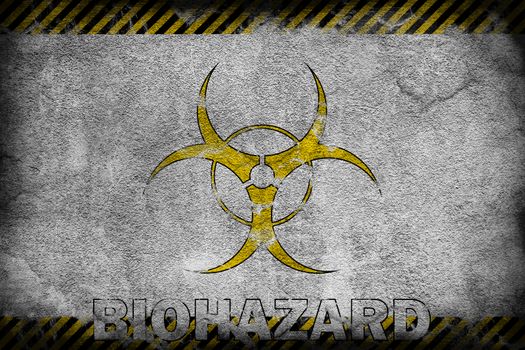 Illustration with a biohazard sign depicted on a concrete wall. Old dirty sign with scuffs depicted on the wall with warning stripes and text