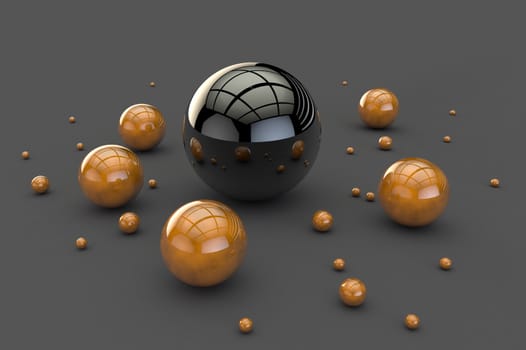 3D illustration depicting glossy balls on a gray surface