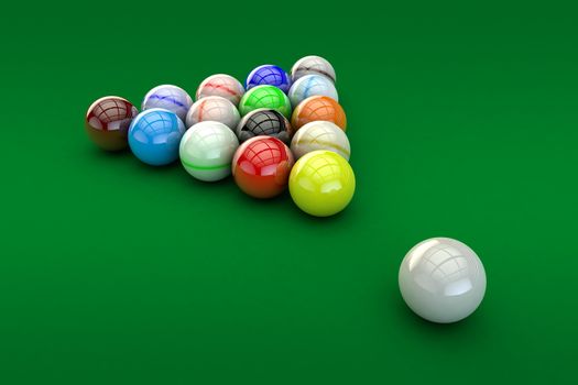3D illustration of billiard balls with a glossy finish on a green background