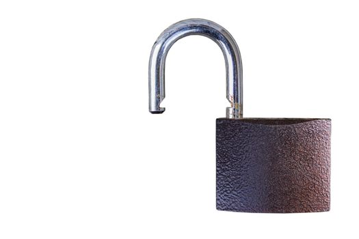 Open padlock on a white background with scratches and rust