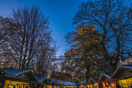 Christmas Market Stalls during the evening in the UK