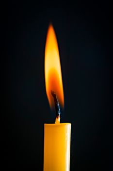 Close-up of a yellow candle illuminated in a black background.