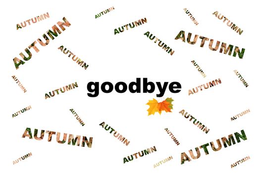 Phrase in capital letters of autumn leaves on a poster, autumn farewell