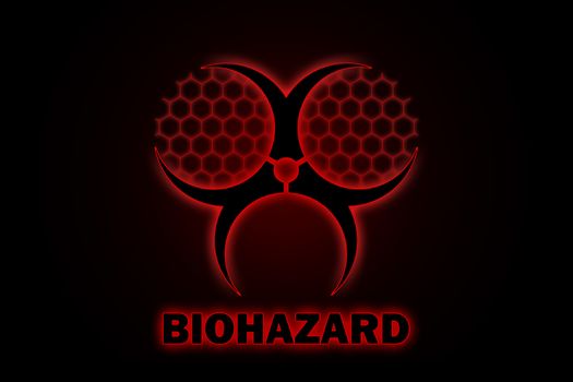 Stylized biohazard sign in red glow turns into the scary face of a monster
