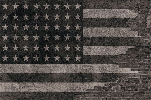 American flag depicted on the destroyed facing of an old brick wall