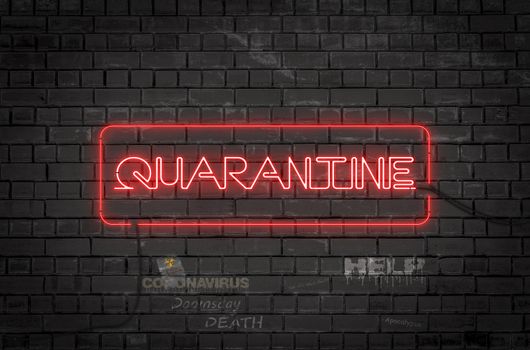 llustration of a bright neon sign with the text "Quarantine"