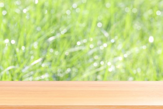 wood plank on blurred bokeh soft grass nature background, empty wood table floors on bokeh of dew grass natural green, wood table board empty front background grass abstract light green