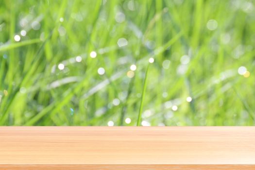 wood plank on blurred bokeh soft grass nature background, empty wood table floors on bokeh of dew grass natural green, wood table board empty front background grass abstract light green