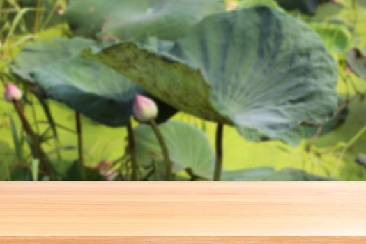 wood plank on blurred lotus leaf pad green nature background, empty wood table floors on lotus pad in pond garden farm background, wood table board empty on lotus pad on the surface water