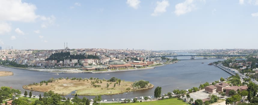 Panoramic aerial view over the Bosphorus River and Istanbul from famous Pierre Loti Cafe