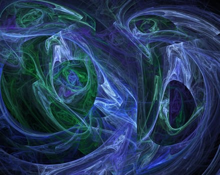 An abstract computer generated modern fractal design on dark background. Abstract fractal color texture. Digital art. Abstract Form & Colors. Dance of fire neon lights in dark spiral cave underwater