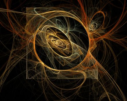 An abstract computer generated modern fractal design on dark background. Abstract fractal color texture. Digital art. Abstract Form & Colors. Dance of fire neon lights in dark spiral cave. Squaring the circle