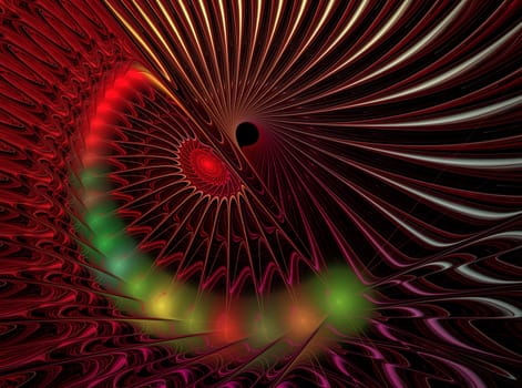 An abstract computer generated modern fractal design on dark background. Abstract fractal color texture. Digital art. Abstract Form & Colors. Green shiny spiral pattern around black hole