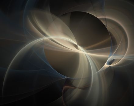 An abstract computer generated modern fractal design on dark background. Abstract fractal color texture. Digital art. Abstract Form & Colors. Fluffy spiral with glowing rays