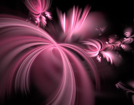 An abstract computer generated modern fractal design on dark background. Abstract fractal color texture. Digital art. Abstract Form & Colors. Fluffy spiral with glowing rays