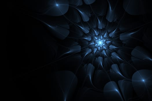 An abstract computer generated modern fractal design on dark background. Abstract fractal color texture. Digital art. Abstract Form & Colors. Abstract fractal element pattern for your design. Bright marine flower star. Beautiful abstract fractal flower, blue color