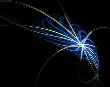An abstract computer generated modern fractal design on dark background. Abstract fractal color texture. Digital art. Abstract Form & Colors. Glowing galactic motion