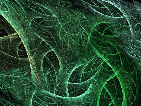 An abstract computer generated modern fractal design on dark background. Abstract fractal color texture. Digital art. Abstract Form & Colors. Abstract fractal element pattern for your design. The intricacy of green texture fibre