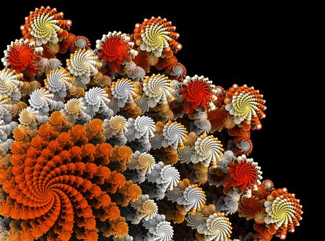 An abstract computer generated modern fractal design on dark background. Abstract fractal color texture. Digital art. Abstract Form & Colors. Abstract fractal element pattern for your design. Like romanesco broccoli fractal with colour spiral