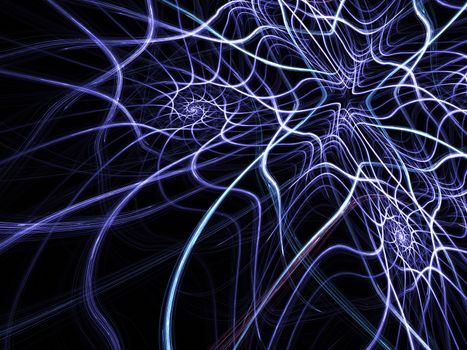 An abstract computer generated modern fractal design on dark background. Abstract fractal color texture. Digital art. Abstract Form & Colors. Abstract fractal element pattern for your design. Spiral glowing neon mesh. Blue web