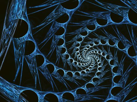 An abstract computer generated modern fractal design on dark background. Abstract fractal color texture. Digital art. Abstract Form & Colors. Abstract fractal element pattern for your design. Blue technological spiral with black holes and thorns