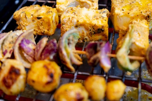 Shallow depth of feild shot of cottage cheese paneer vegetables onions, mushrooms and potatoes being grilled on an electric grill at home. Shows amazing home cooking ideas