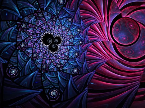 An abstract computer generated modern fractal design on dark background. Abstract fractal color texture. Digital art. Abstract Form & Colors. Abstract fractal element pattern for your design. The reunion of two worlds