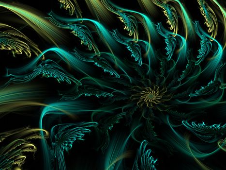 An abstract computer generated modern fractal design on dark background. Abstract fractal color texture. Digital art. Abstract Form & Colors. Abstract fractal element pattern for your design. Spiral dragon flower