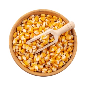 Corn seeds in a wooden bowl isolated on white background.