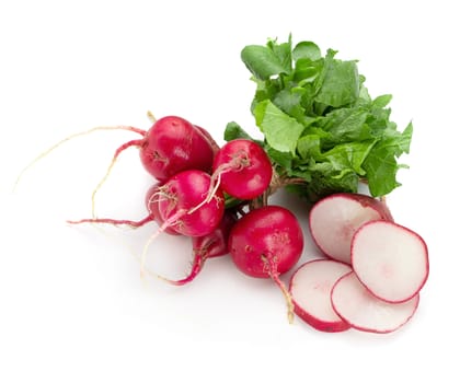 Freshly ripe radishes isolated over white background.