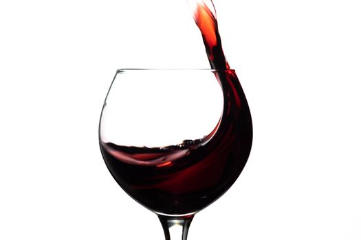 Red wine splash into glass on white background.