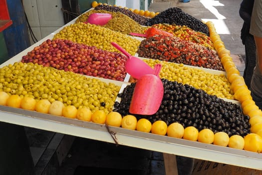 Colorful market stall of fruit, vegetables and produce in Tangier, Morocco