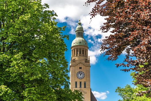 clock tower on the square of european city.